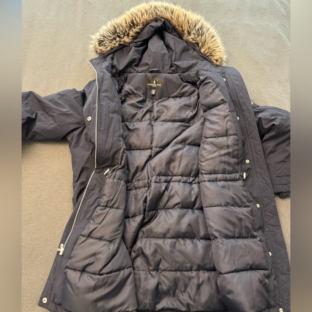Women’s Navy Blue XL London Fog Puffer Jacket Coat Removable Hood - Picture 7 of 10